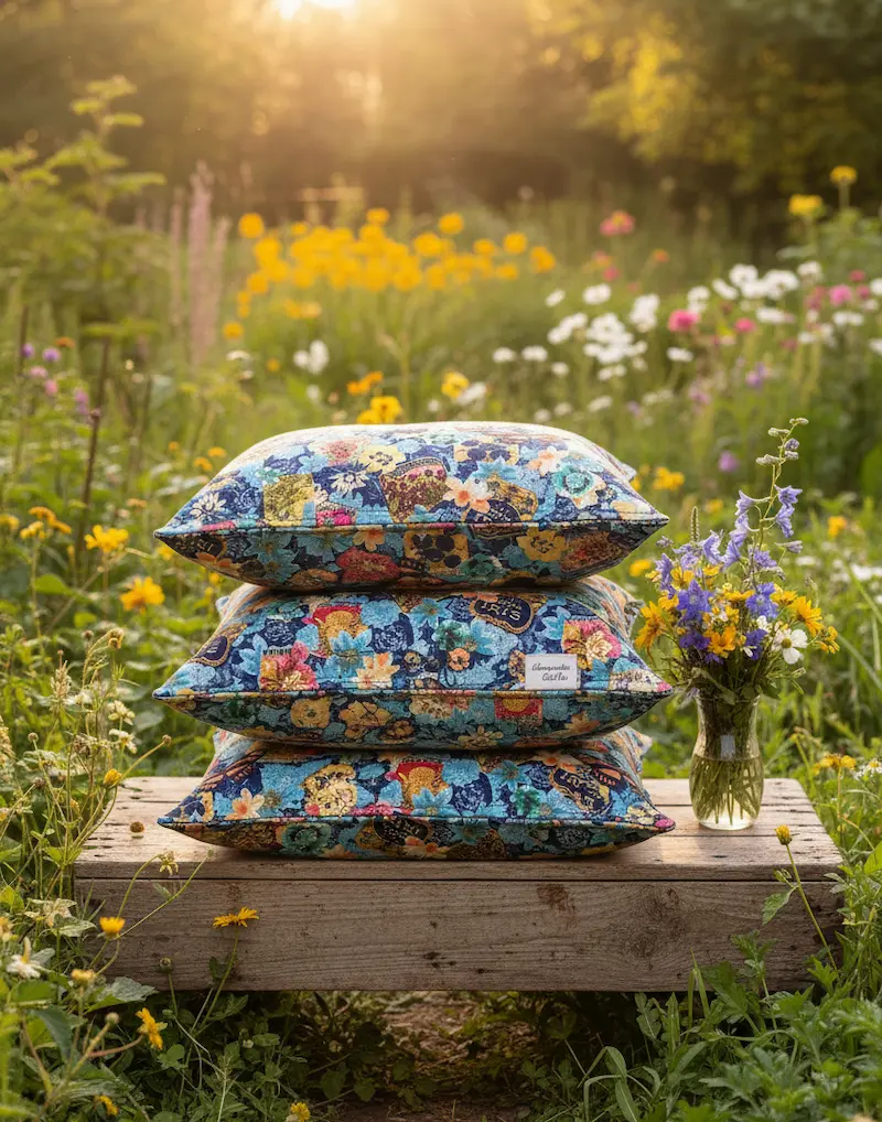 Drei gestapelte Dekokissen aus buntem Baumwollstoff mit floralem Patchwork-Muster auf einer Holzgitterbox im sommerlichen Blumengarten.