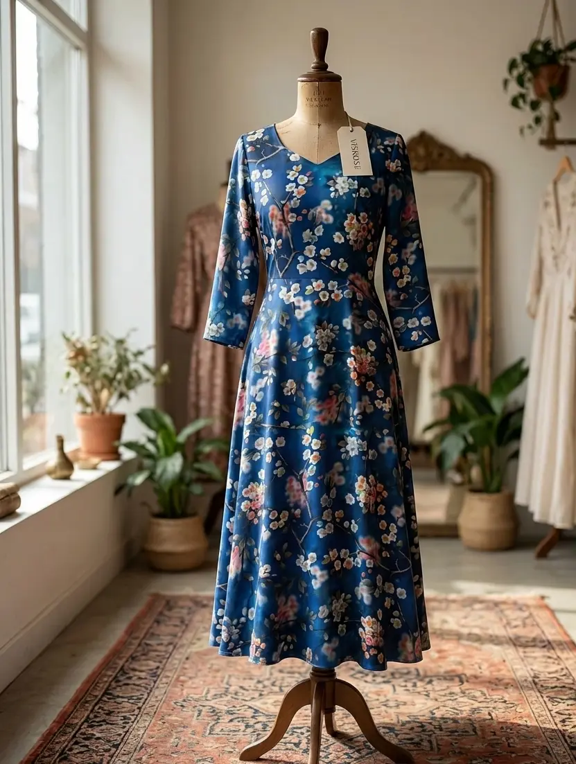 Elegantes Kleid mit V-Ausschnitt aus fließender Viskose Webware Meterware, blaues Blumenmuster auf Schneiderpuppe in Atelier-Umgebung.