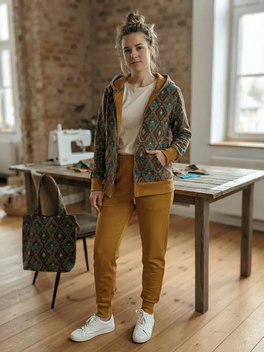 Frau präsentiert eine selbstgenähte Sweatjacke mit Kapuze und passender Jogginghose aus French Terry Stoff im Ikat-Muster