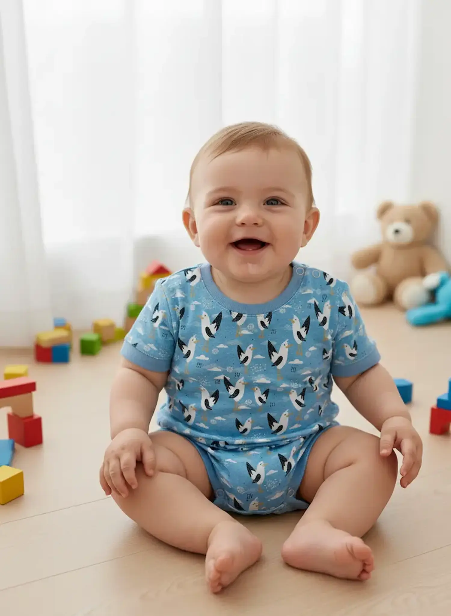 Ein zweiteiliges Kinder-Set bestehend aus einem Kapuzenpullover (Hoodie) und einer passenden Hose, flach liegend auf hellem Holzboden. Der Stoff ist ein hellgrauer Baumwolljersey mit einem Allover-Print von Piratenschiffen, Schatzkarten und Palmen. Hoodie
