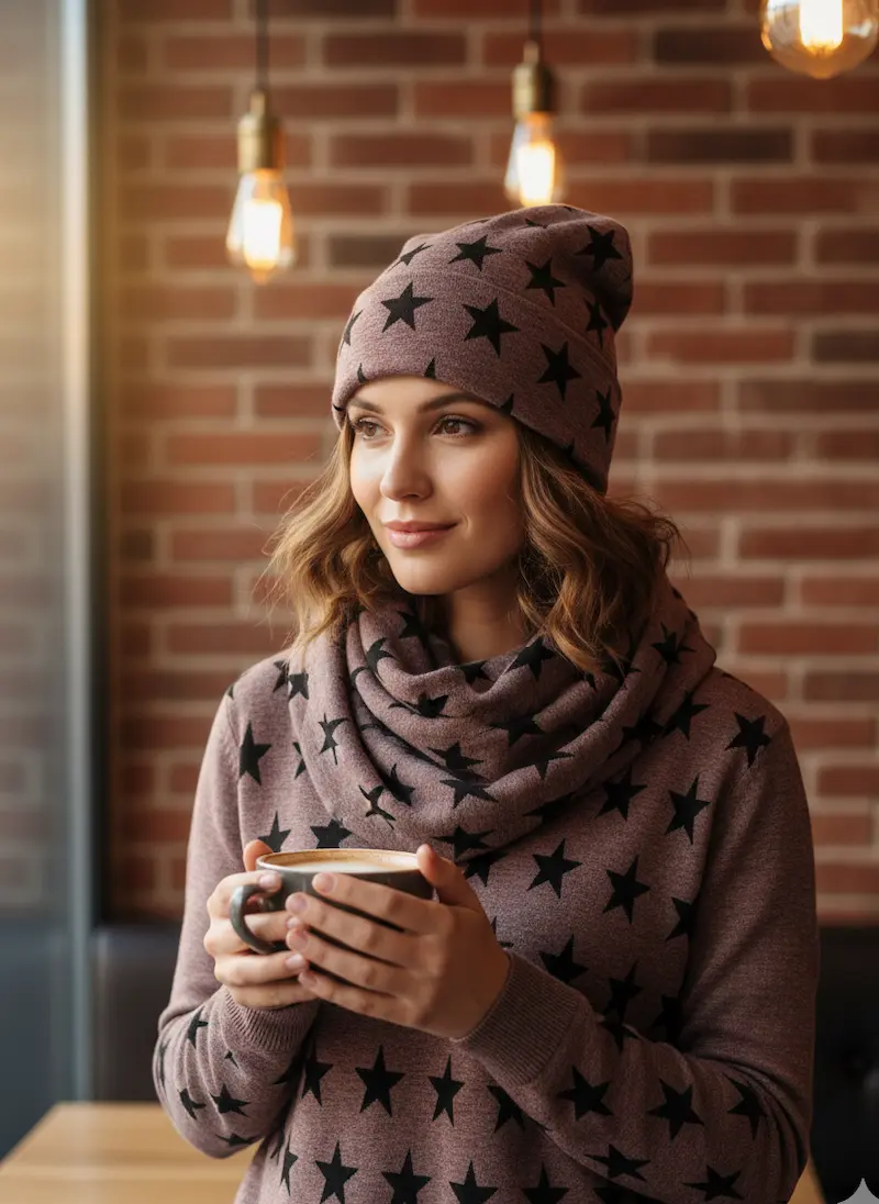 Eine junge Frau in einem Café mit Backsteinwand hält eine Tasse Kaffee. Sie trägt ein selbstgenähtes, farblich abgestimmtes Set bestehend aus einem Pullover, einem voluminösen Loop-Schal und einer Beanie-Mütze, alles gefertigt aus dem braun-melierten Jacq