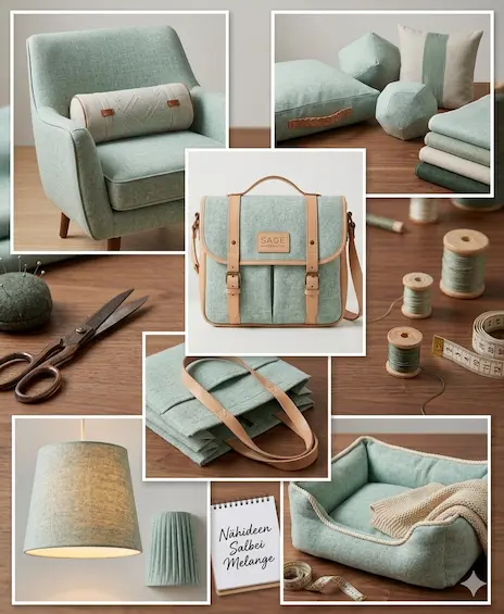 Collage aus Dekostoff in Salbei Grün Melange mit Nähbeispielen wie Sessel, Tasche, Lampenschirm und Hundebett.