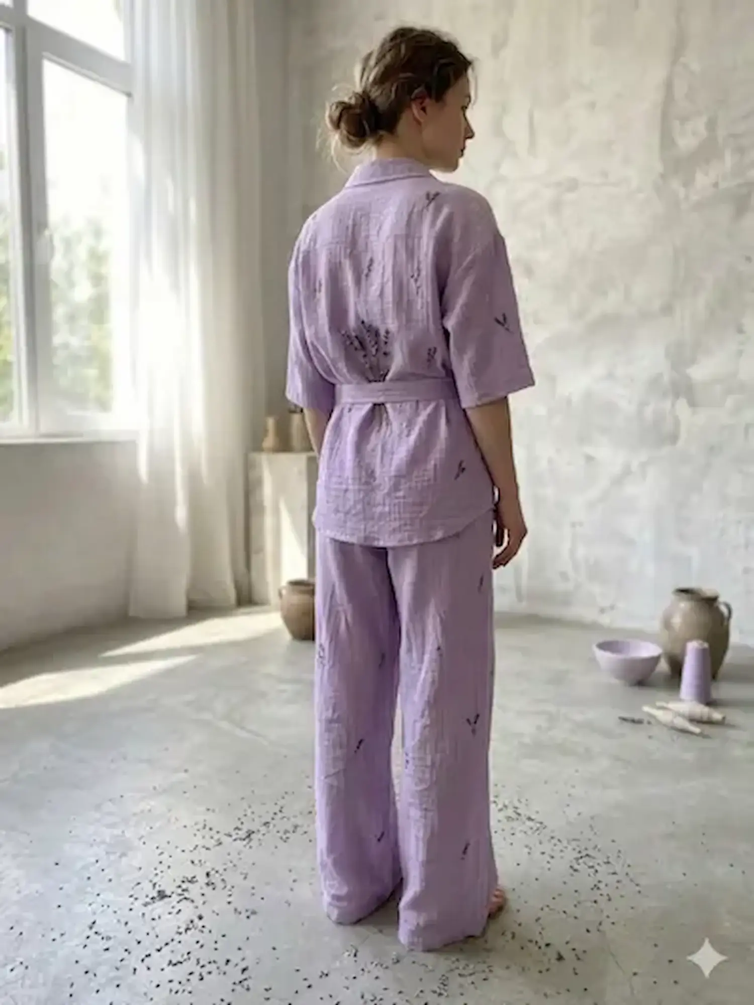 Hochwertiger, fliederfarbener Musselin-Stoff mit weichem Fall und dezenter Crinkle-Optik, verarbeitet zu einem luftigen Sommer-Set.
