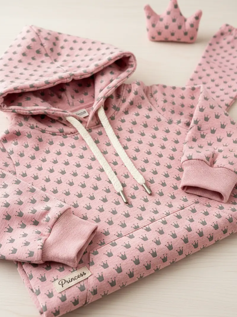 Rosa melierter French Terry Stoff mit kleinen grauen Kronen bedruckt, verarbeitet als Kinder-Hoodie mit Kapuze und Kordelzug auf hellem Holzhintergrund.