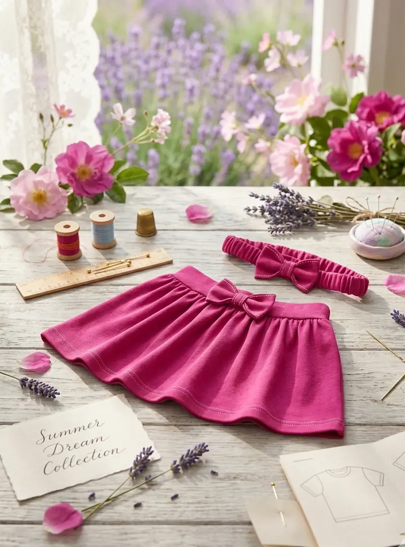 Einzelfarbiger Baumwolljersey in Magenta als Meterware, verarbeitet zu einem Kinderrock mit passendem Stirnband, dekoriert mit Nähzubehör und Lavendel.