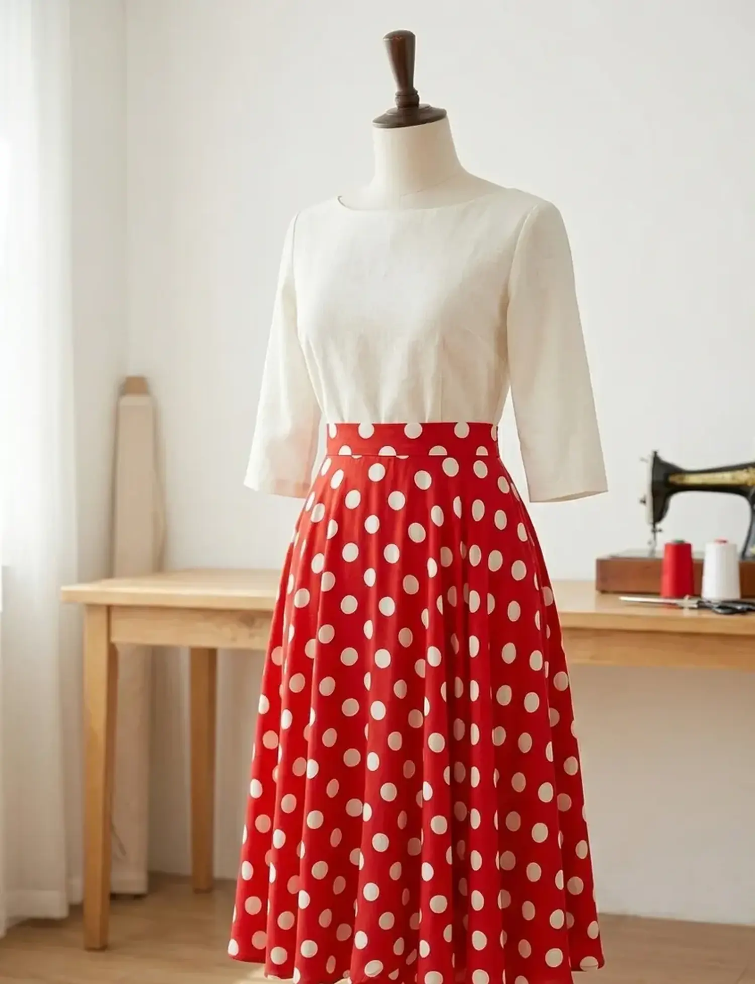 Eleganter Rock aus roter Viskose Webware mit großen weißen Punkten, kombiniert mit einem hellen Oberteil auf einer Schneiderpuppe im Atelier.