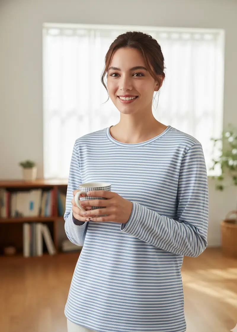 Eine junge Frau lächelt in einem gemütlichen Langarmshirt aus feingestreiftem Baumwolljersey in Hellblau und Weiß; hochwertige Meterware für bequeme Damenmode und Freizeitkleidung.