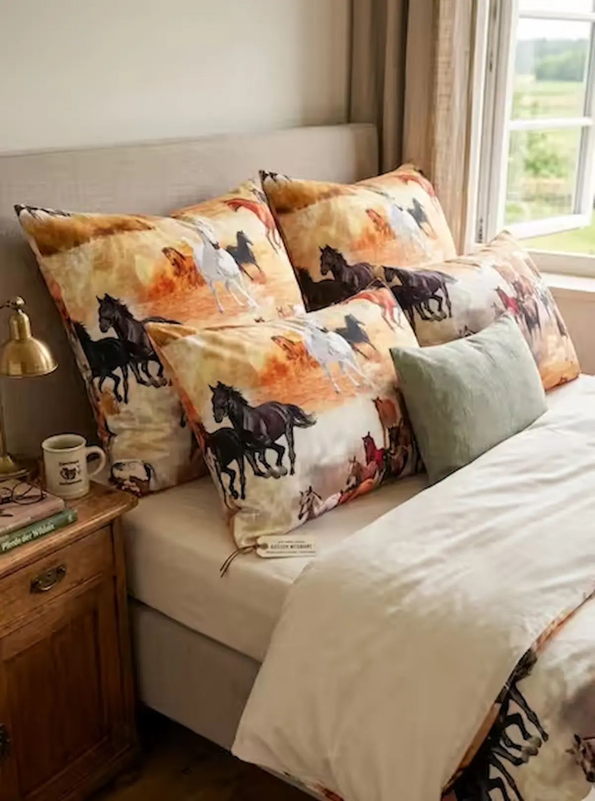 Gemütlich hergerichtetes Bett im Landhausstil mit Kissenbezügen aus Baumwoll-Webware-Stoff. Das Stoffdesign zeigt ein lebendiges Motiv mit galoppierenden Wildpferden in Braun, Schwarz und Weiß auf einem Hintergrund in warmen Sand- und herbstlichen Oranget