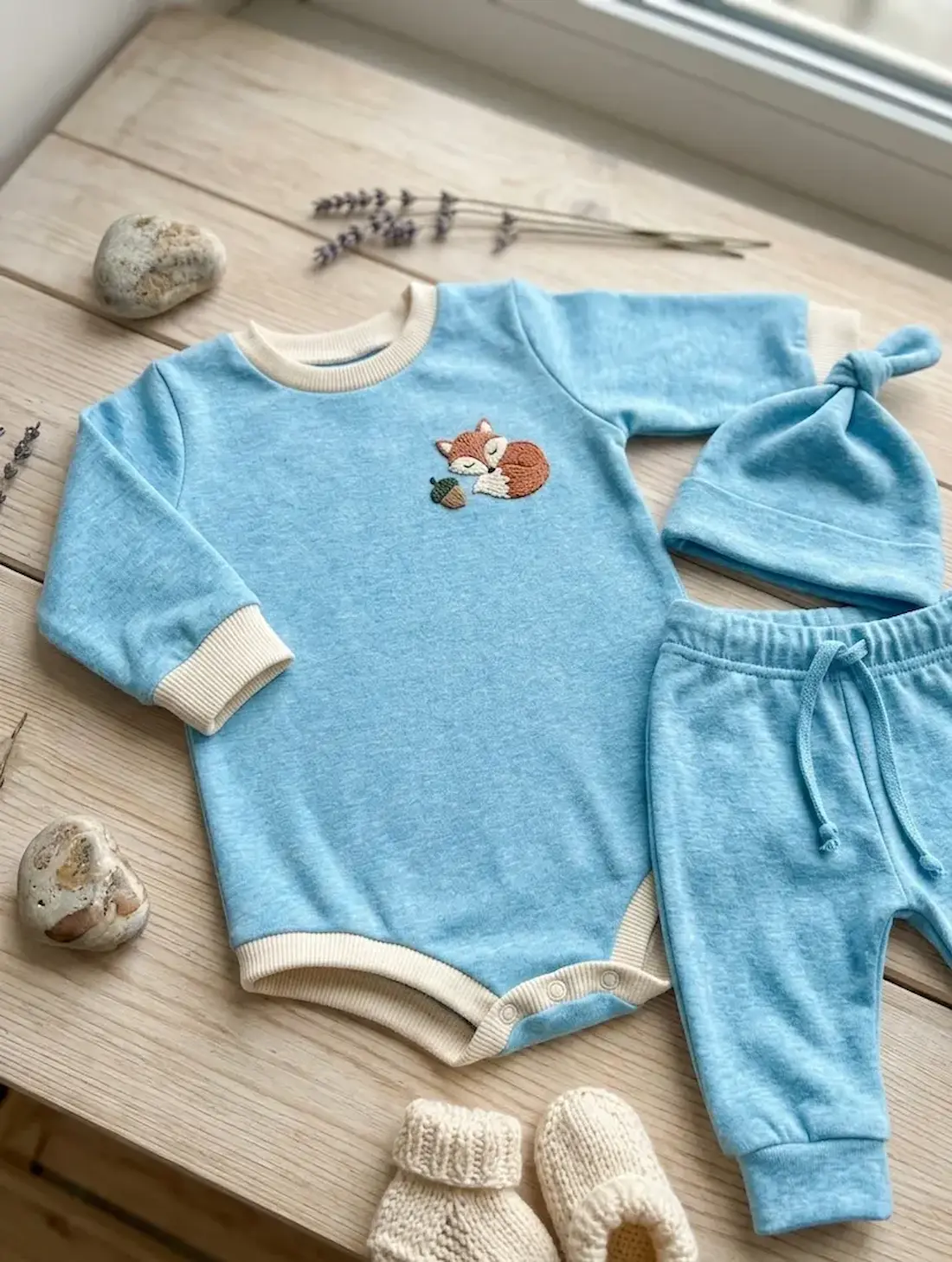 Hautfreundlicher Baumwolljersey in Türkis Hellblau Melange, genäht als Baby-Body, Hose und Mütze mit Fuchs-Stickerei – Stoffpfau