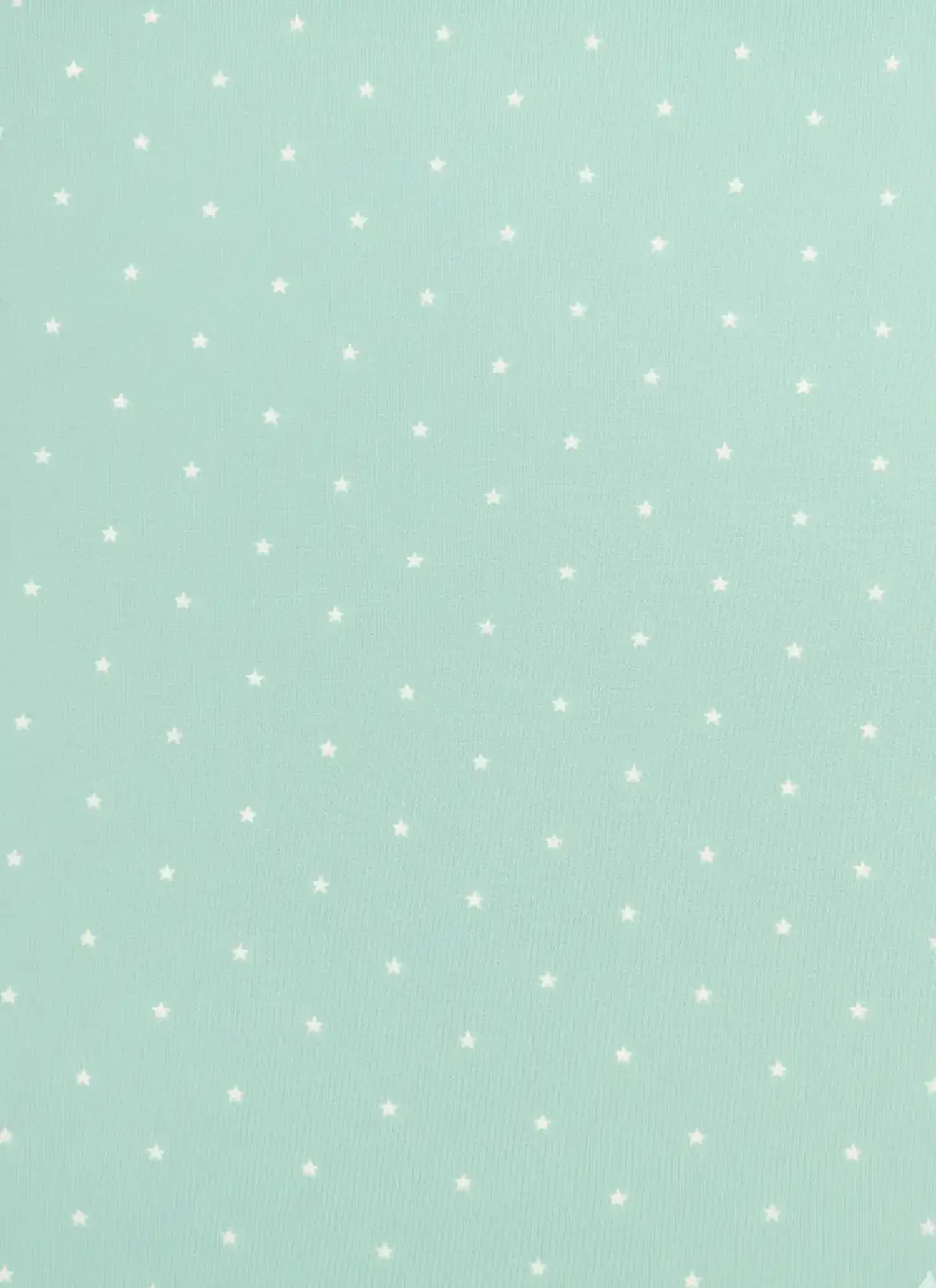 Nahaufnahme eines mintgrünen Jerseystoffs mit einem regelmäßigen Muster aus kleinen weißen Sternen, ideal als elastische Meterware für Bekleidung.