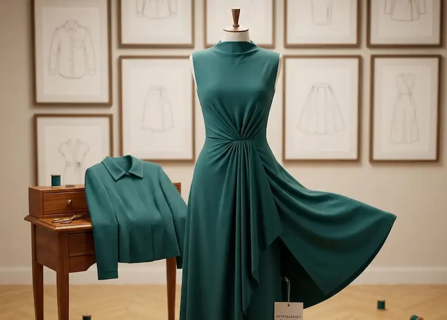Drapiertes petrolgrünes Kleid aus Baumwolljersey auf einer Schneiderpuppe in einem Näh-Atelier – hochwertige petrolfarbene Stoff-Meterware für elegante Bekleidung.