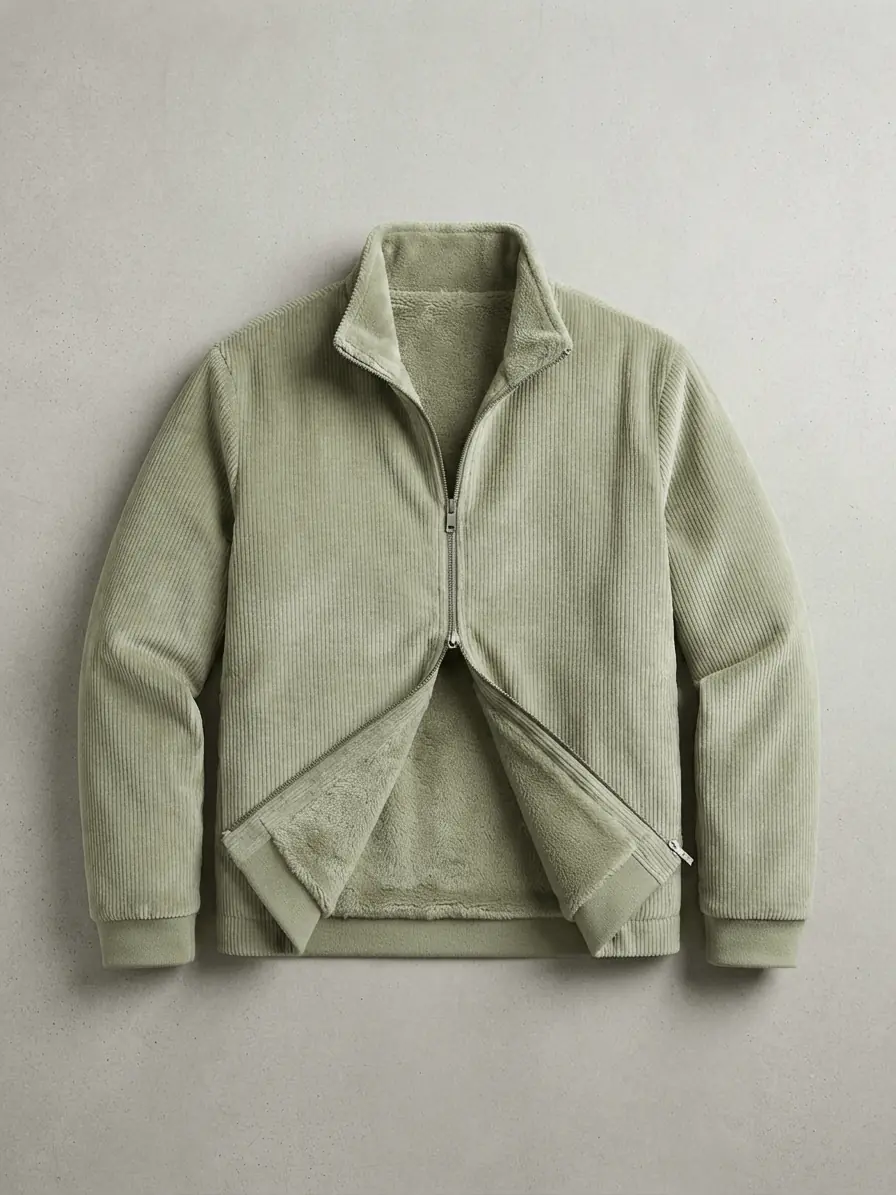 Stylische, moderne Zip-Up Jacke aus salbeigrüntem Supersoft Cord & Fleece Stoff mit kuscheliger Innenseite