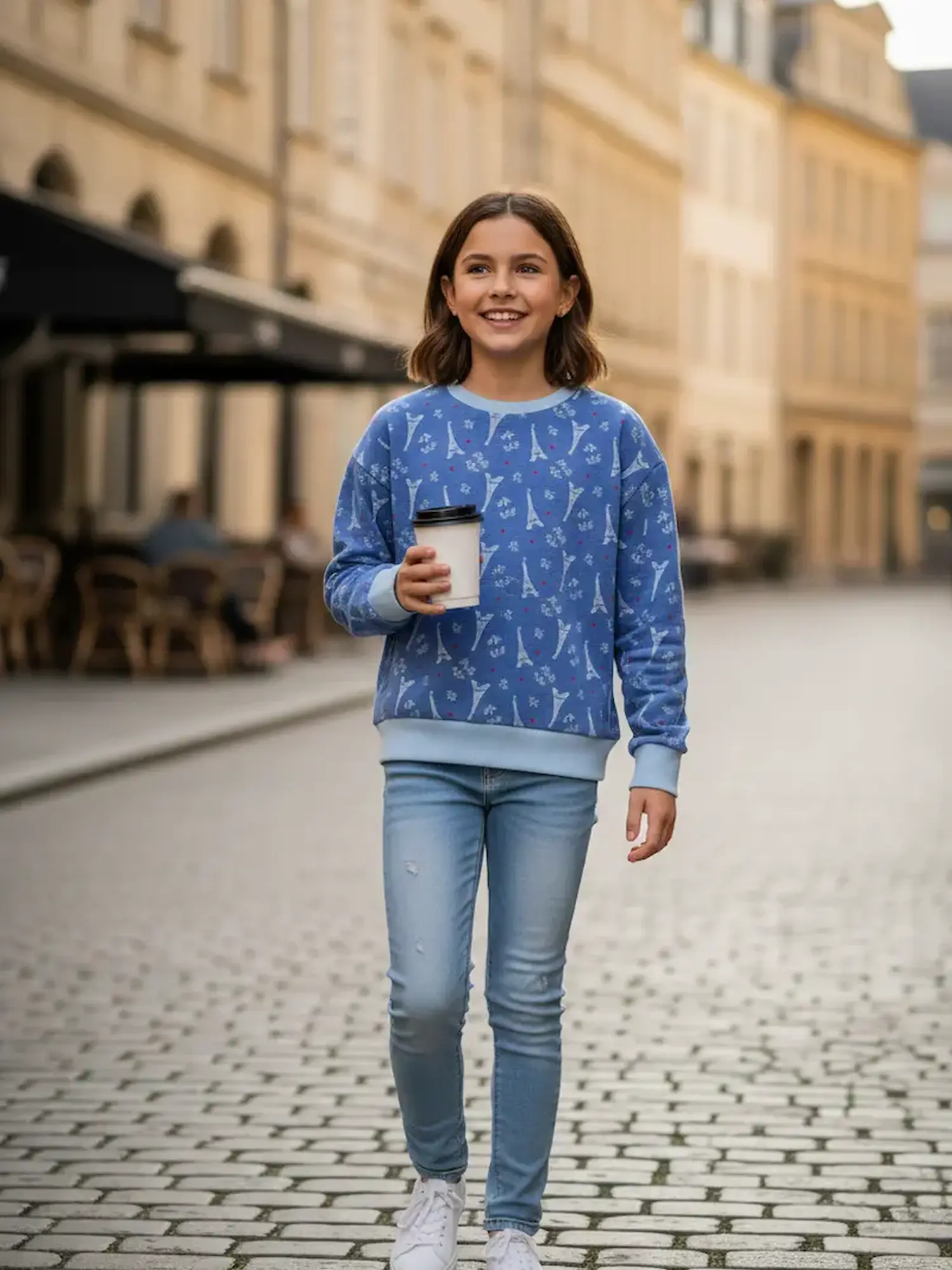 Ein lächelndes Mädchen spaziert durch eine gepflasterte Altstadt und trägt einen selbstgenähten Pullover aus blauem Glitzer-Jersey. Der Stoff ist mit silbernen Eiffeltürmen und Paris-Motiven bedruckt. Hochwertige, elastische Meterware für trendige Kinder-