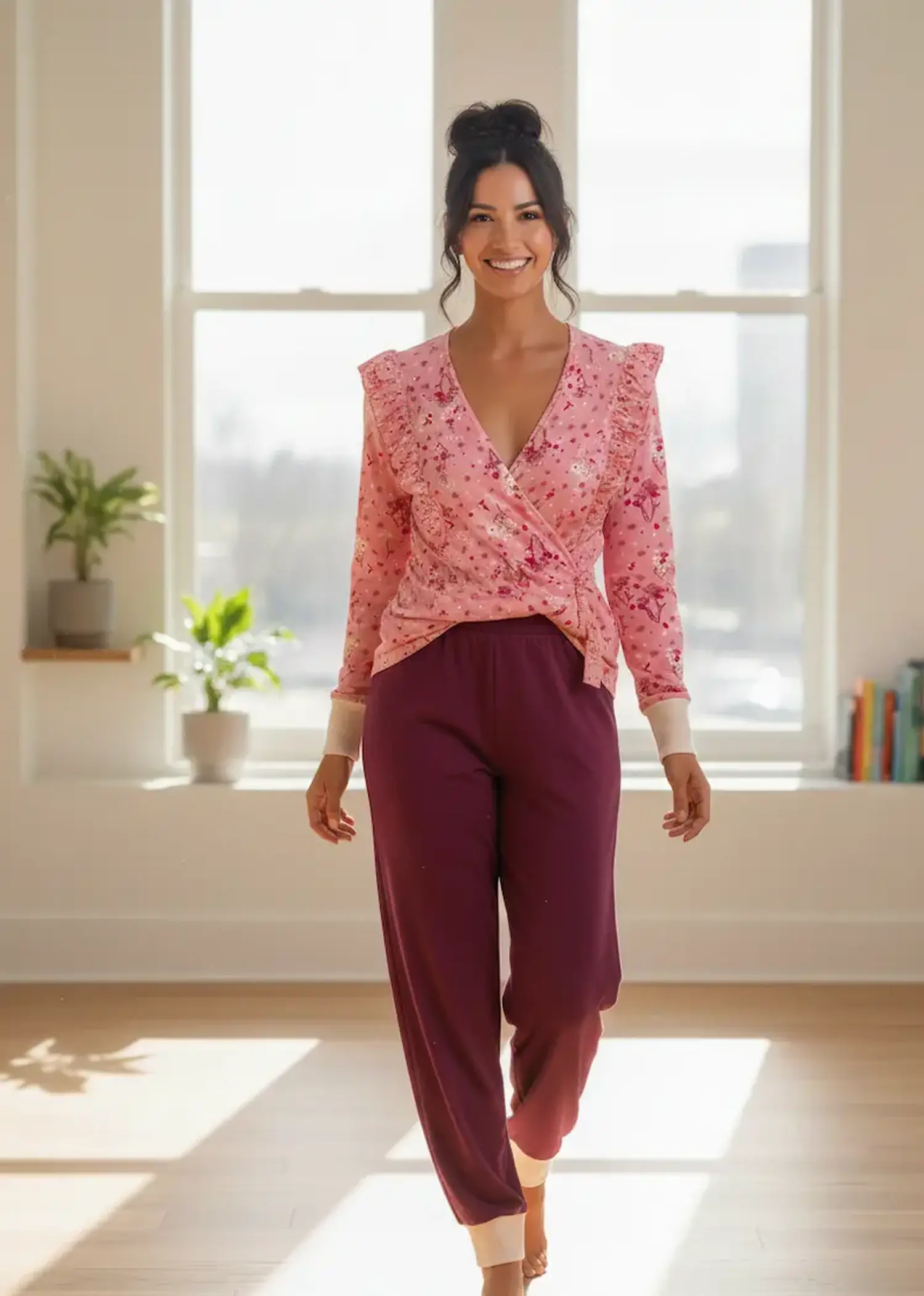 Designbeispiel für gemusterten Jersey-Stoff als Meterware: Eine lächelnde Frau steht in einem hellen Raum und trägt eine selbstgenähte, rosafarbene Wickelbluse mit Schulterrüschen aus gemustertem Baumwolljersey und eine dunkelrosa Lounge-Hose