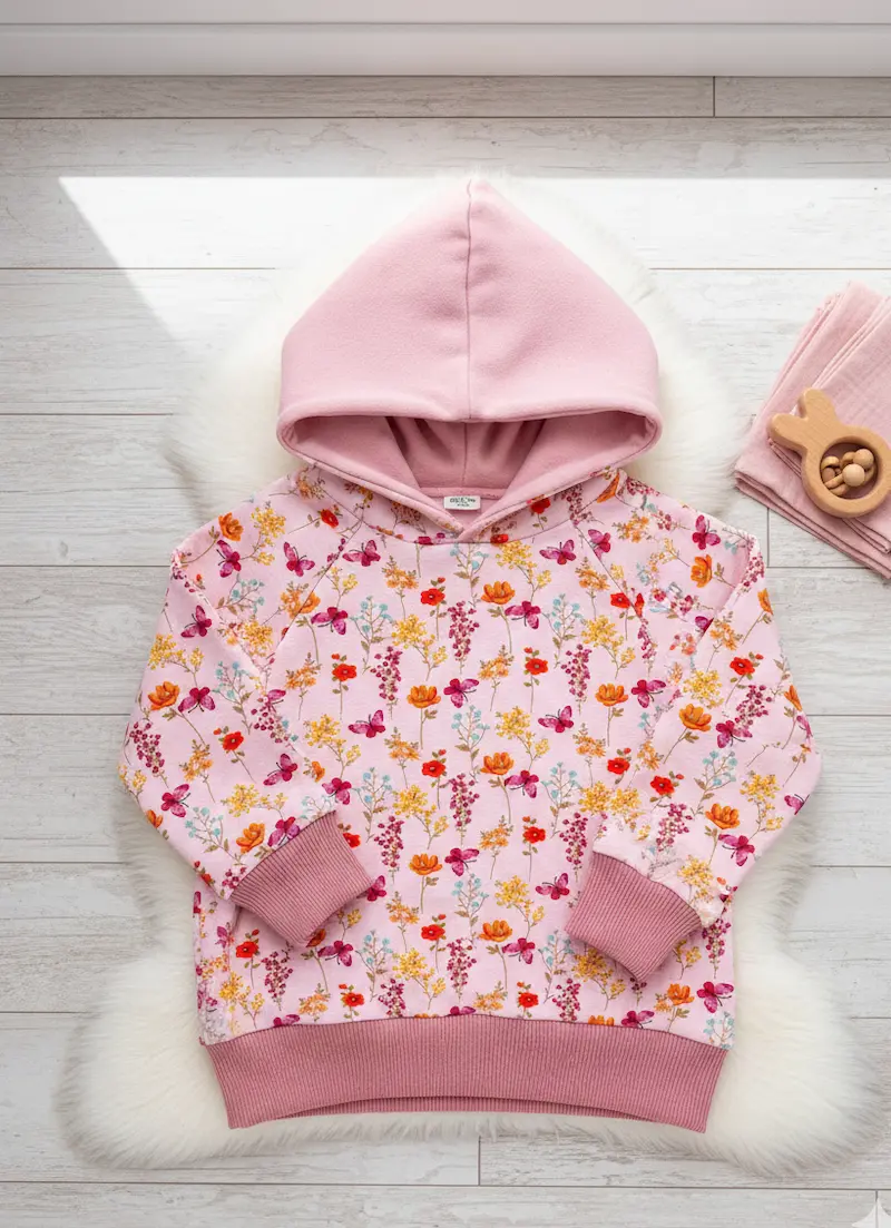 Ein selbstgenähter Kinder-Kapuzenpullover aus hellrosa Alpenfleece mit einem bunten Wiesenblumen-Muster, flach ausgebreitet auf einem weißen Fellteppich.