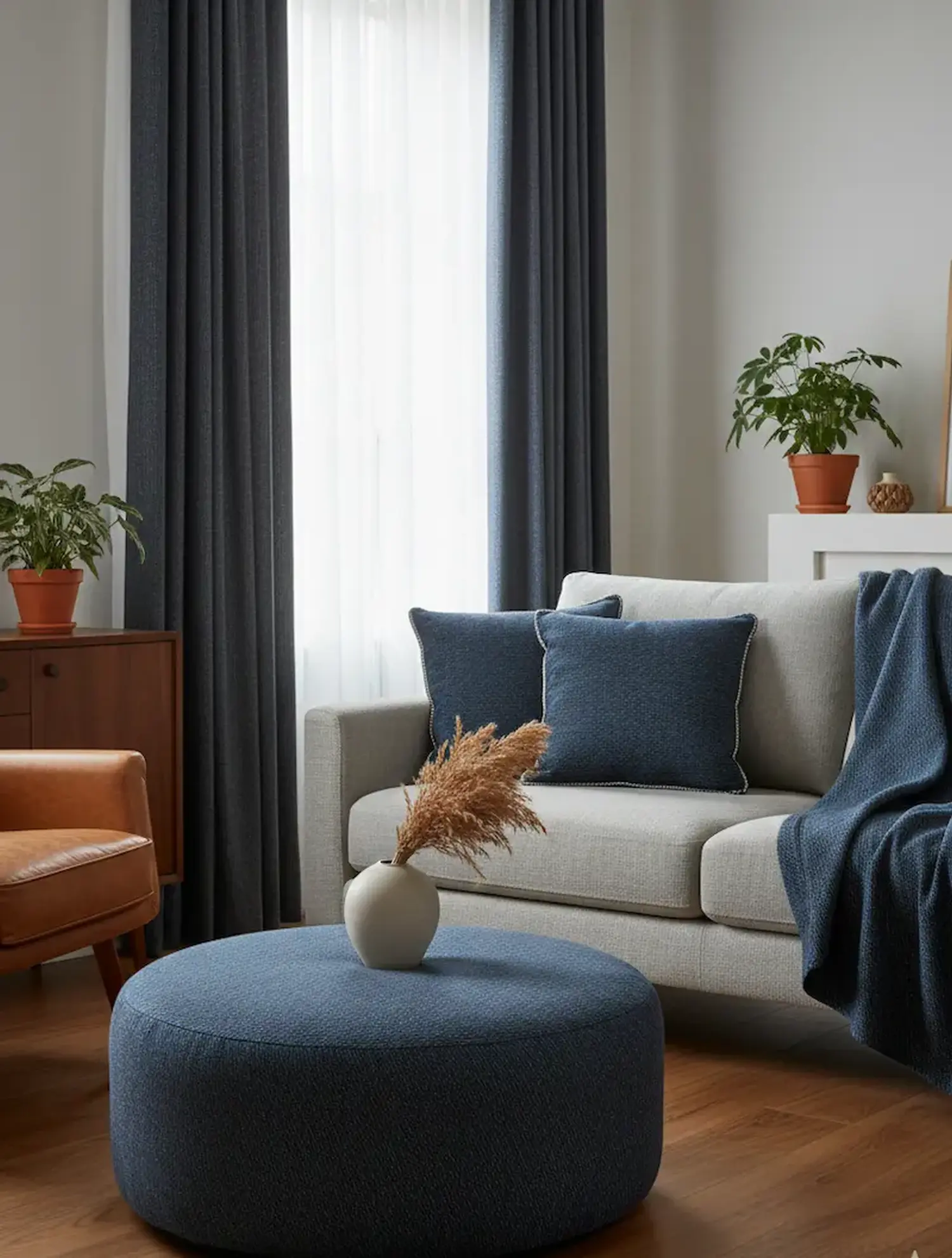 Anwendungsbeispiel für Baumwolle-Webware in Marineblau Melange: Modernes Wohnzimmer mit selbstgenähten Kissen, langen Vorhängen, einer Kuscheldecke und einem Polster-Pouf aus dem melierten blauen Stoff.