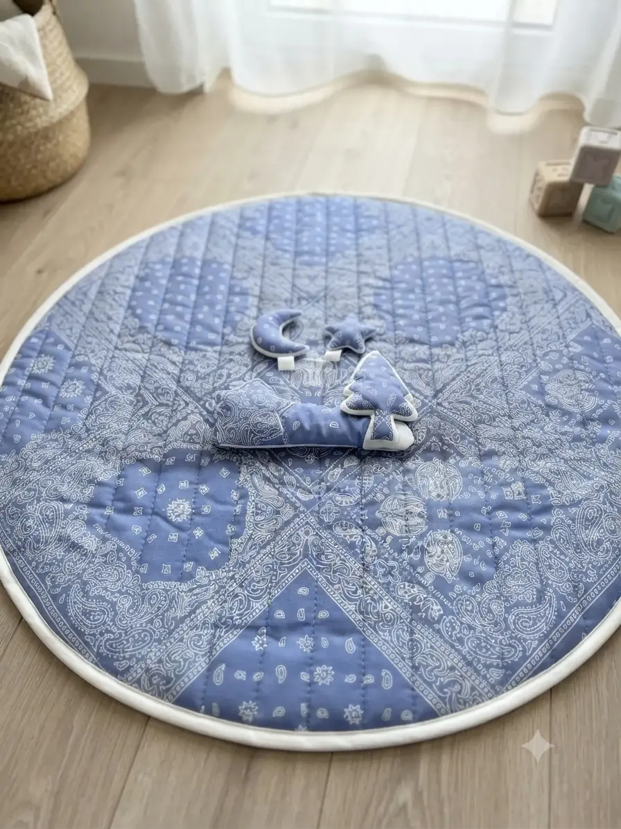 Runde, gesteppte Spielmatte für Kinder in Blau mit Paisley-Muster, inklusive kleiner Dekokissen, gefertigt aus hochwertigem Steppstoff als Meterware.