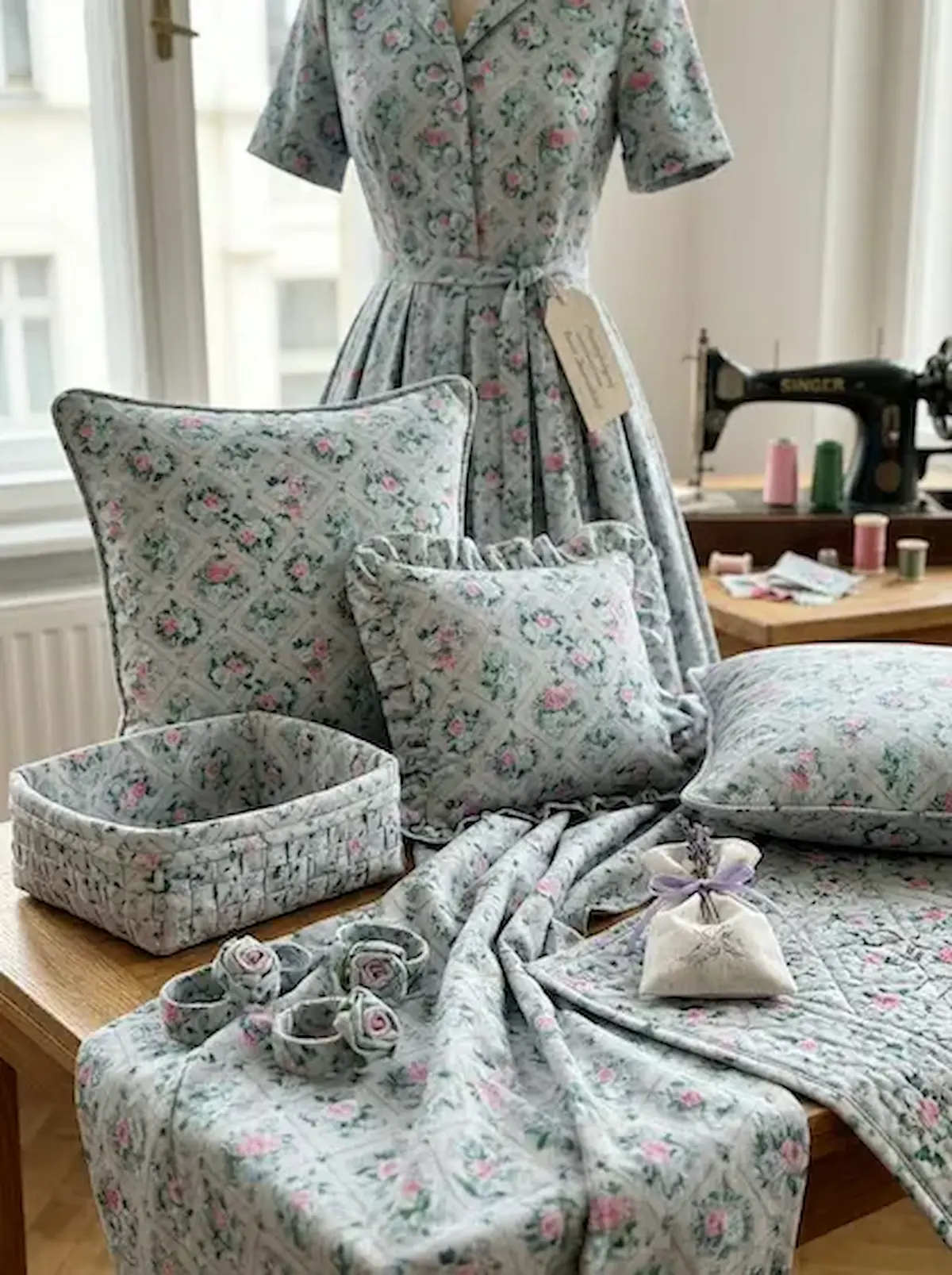Kollektion aus Baumwolle Webware im Landhausstil mit Rosenmuster: Kissen, Utensilo und Kleid auf einer Schneiderpuppe.