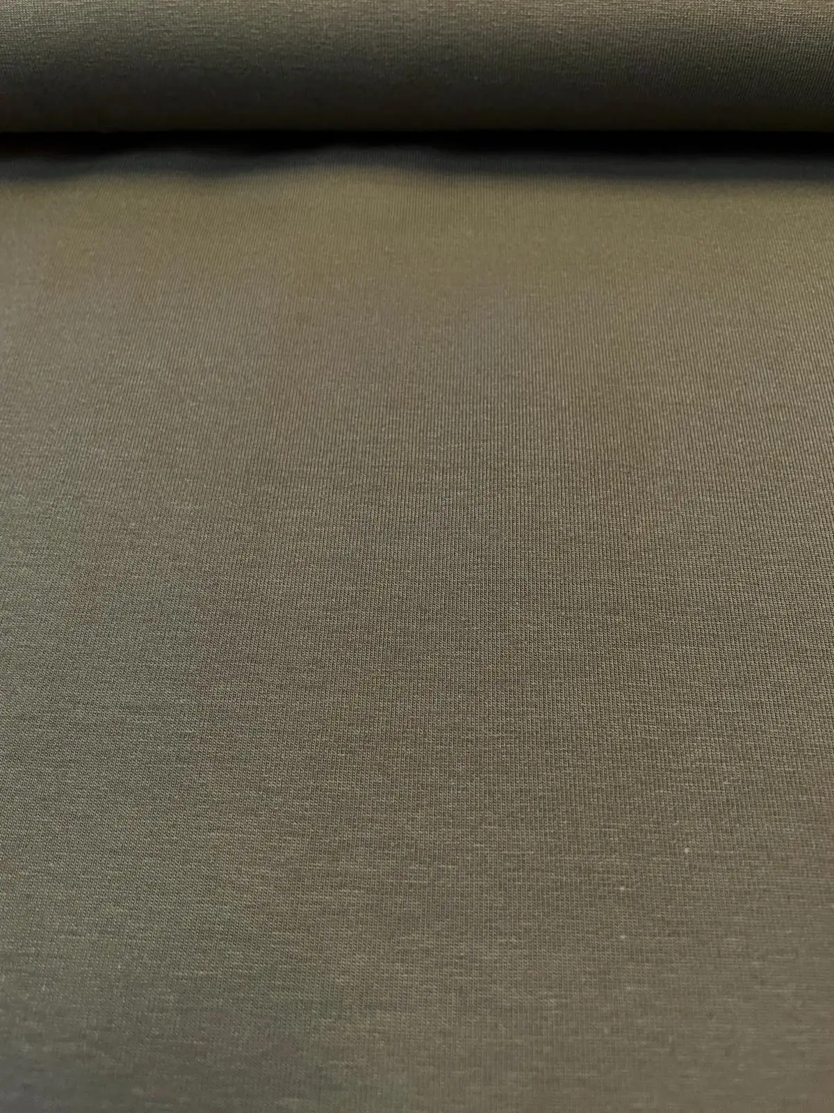Nahaufnahme eines glatten, olivfarbenen Jersey-Stoffs (Schlamm), blickdichte Baumwoll-Meterware für Bekleidung.