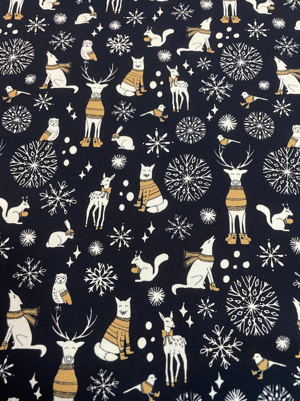 French Terry Waldtiere Winter dunkelblau  Hirsche/ Rehe / Eichhörnchen