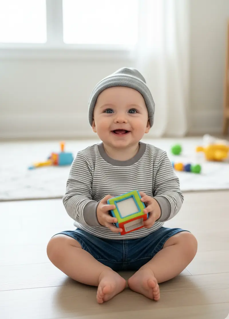 Glückliches Baby trägt ein Langarmshirt aus grau-weiß gestreiftem Baumwolljersey und eine passende graue Mütze beim Spielen.