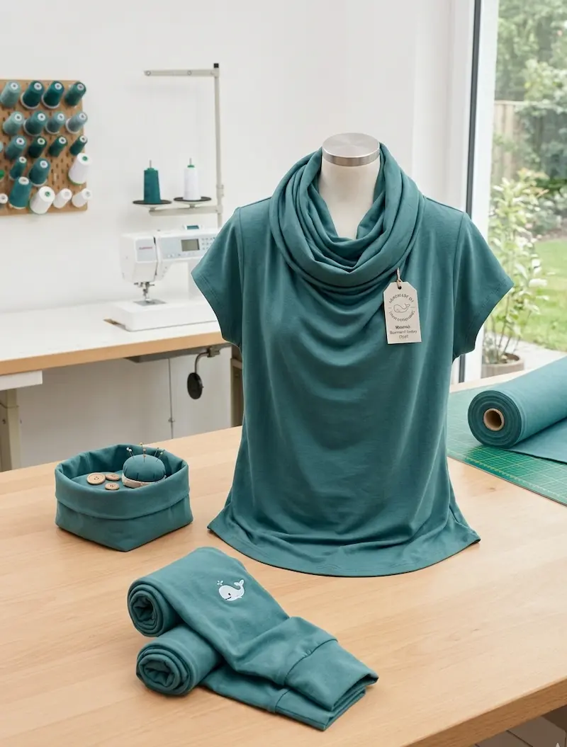 Petrolfarbenes Shirt mit Wasserfallausschnitt aus Baumwolljersey auf einer Schneiderpuppe, umgeben von Stoffrollen, Nähmaschine und Nähzubehör im hellen Atelier.