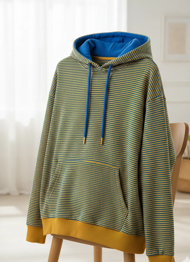 Ein lässiger Hoodie mit Kängurutasche auf einem Holzstuhl, genäht aus gelb-blau feingestreiftem Baumwolljersey; mit kontrastierendem blauen Kapuzenfutter und gelben Bündchen.