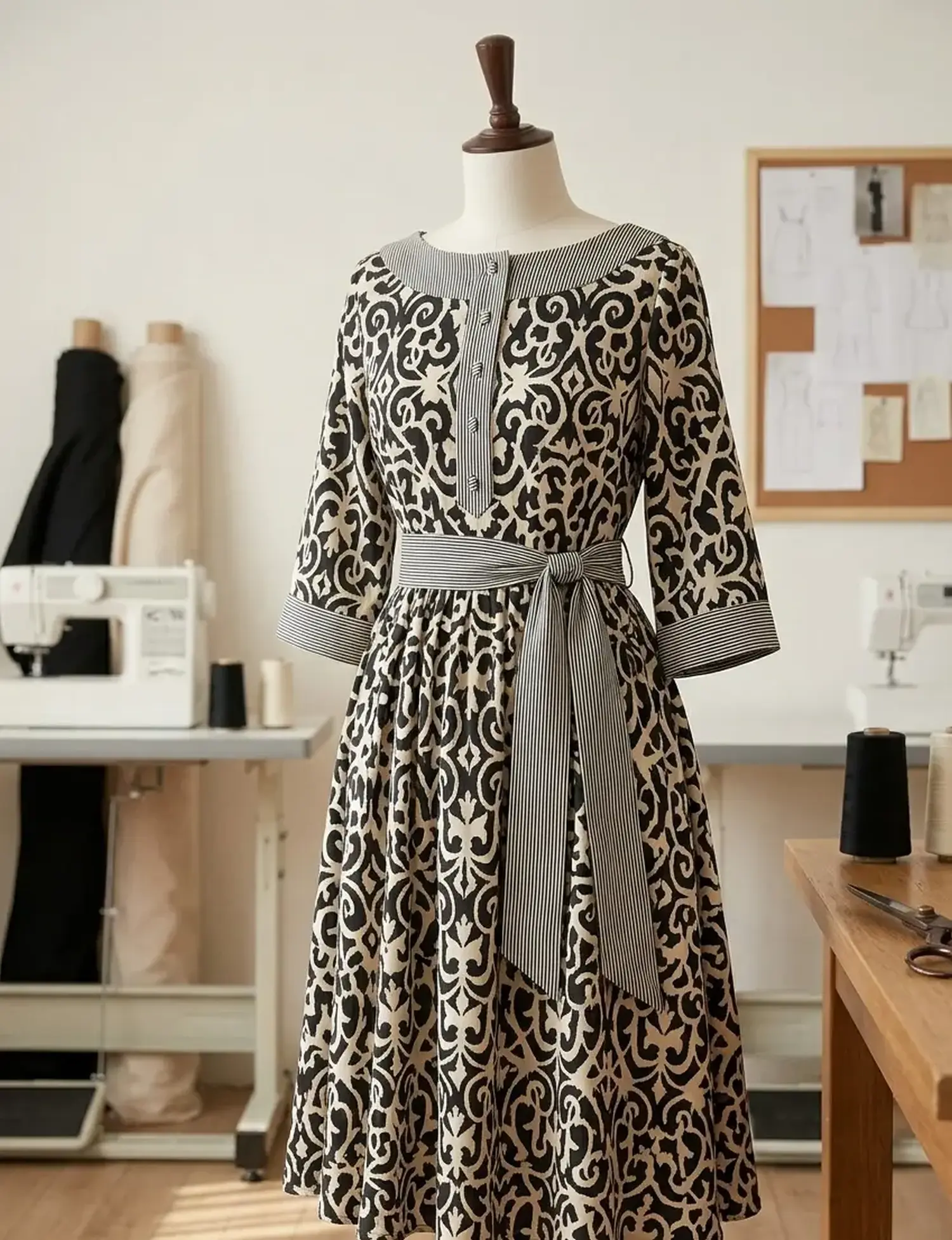 Elegantes Kleid aus Viskose-Mix Stoff mit barockem Ornament-Muster in Beige und Schwarz, kombiniert mit gestreiften Details, auf einer Schneiderpuppe.