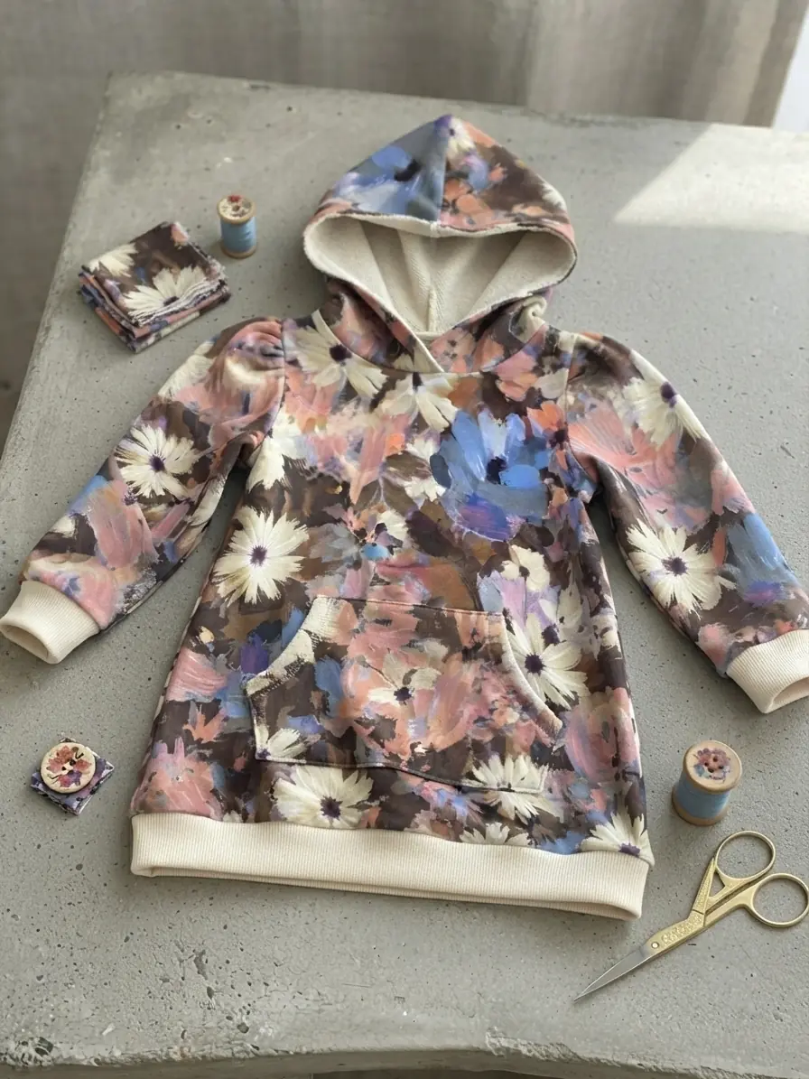 Selbstgenähtes Kinder-Hoodie-Kleid aus French Terry Meterware mit künstlerischem Blumen-Print, umgeben von Nähutensilien wie Schere, Garn und Stoffresten.