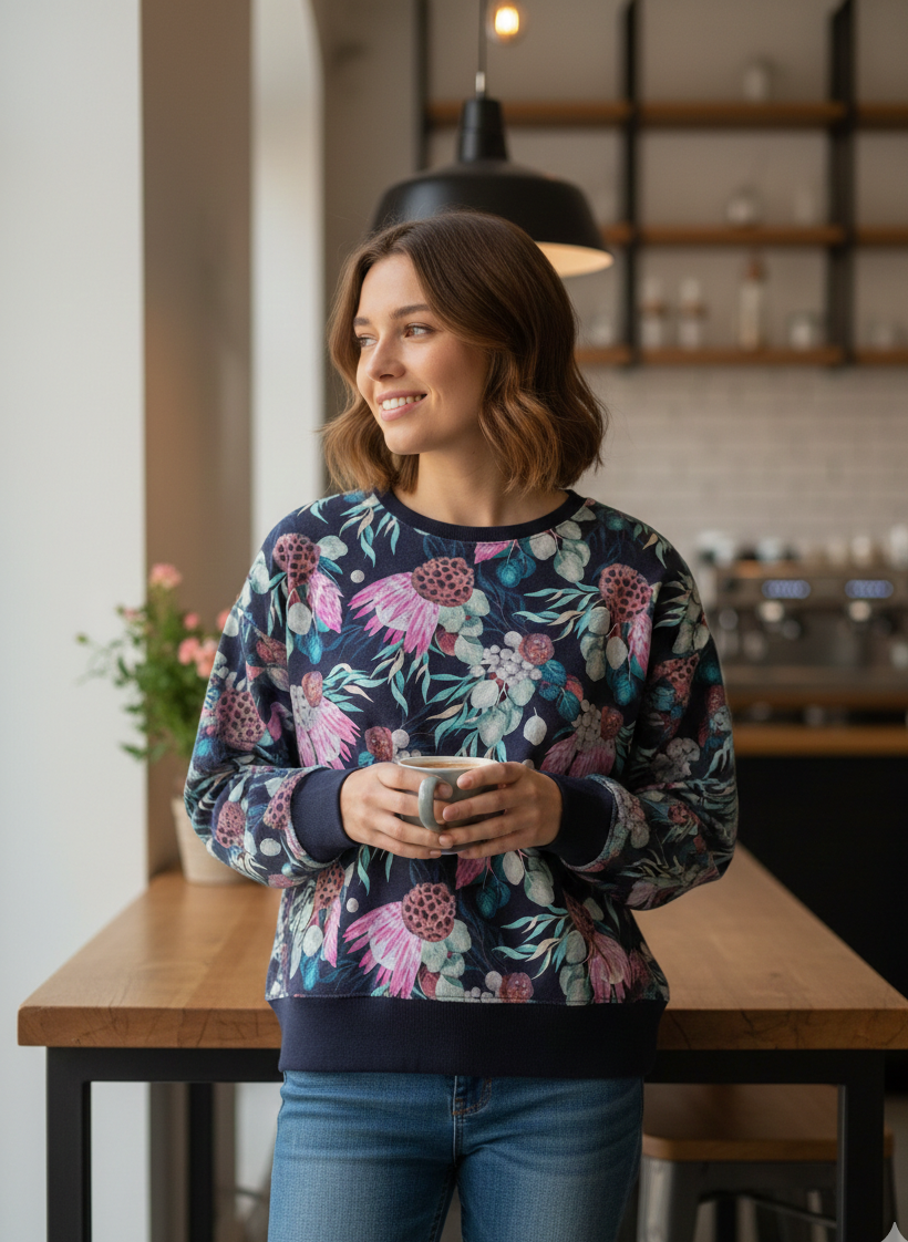 Dunkelblauer French Terry Stoff mit großen abstrahierten Blumen in Pink und Violett.