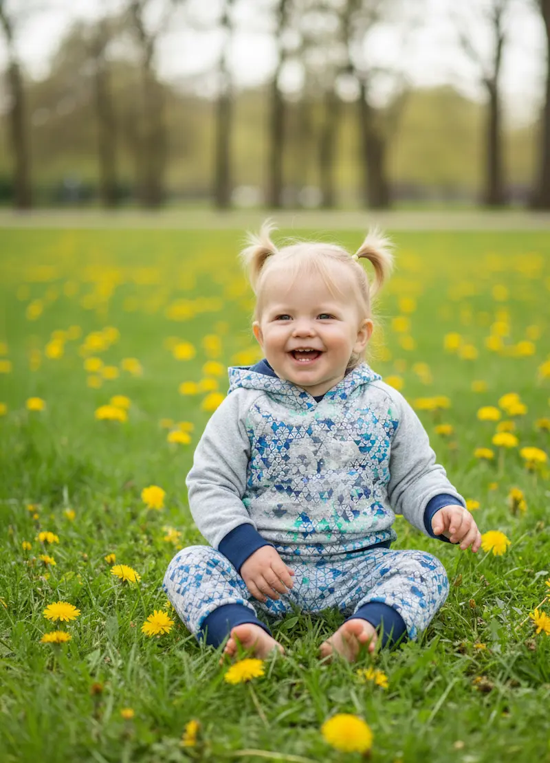Ein lachendes Kleinkind sitzt auf einer Blumenwiese und trägt ein selbstgenähtes Set aus Hoodie und Hose. Gefertigt aus French Terry Meterware mit blauem geometrischem Muster.