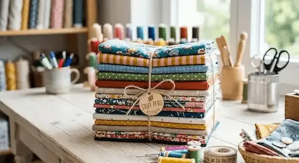 Liebevoll gepackter Stapel bunter Reststoffe von Stoffpfau