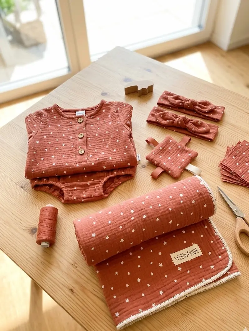 Flachgelegte Ansicht von rostfarbenem Musselin-Stoff mit weißen Sternen als Meterware, inklusive genähter Babykleidung, Stirnbändern und Nähzubehör auf einem Holztisch.