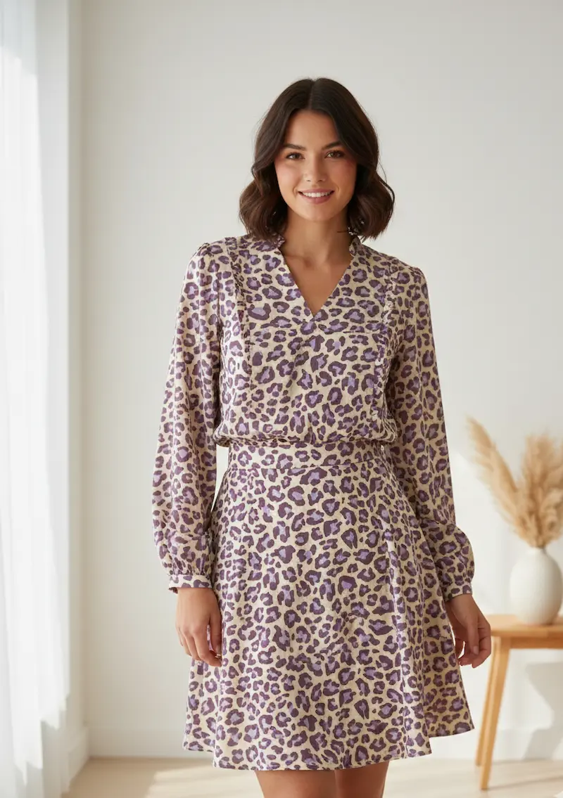 Eine lächelnde Frau trägt eine elegante Kombination aus langärmeliger Bluse und Rock, gefertigt aus gemustertem Baumwollstoff mit modernem, lila Leoparden-Print.