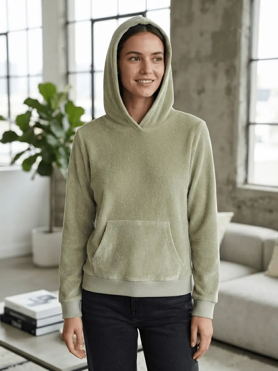 Model trägt einen kuscheligen Damen-Hoodie aus salbeigrüntem Supersoft Cord & Fleece Stoff mit Kängurutasche