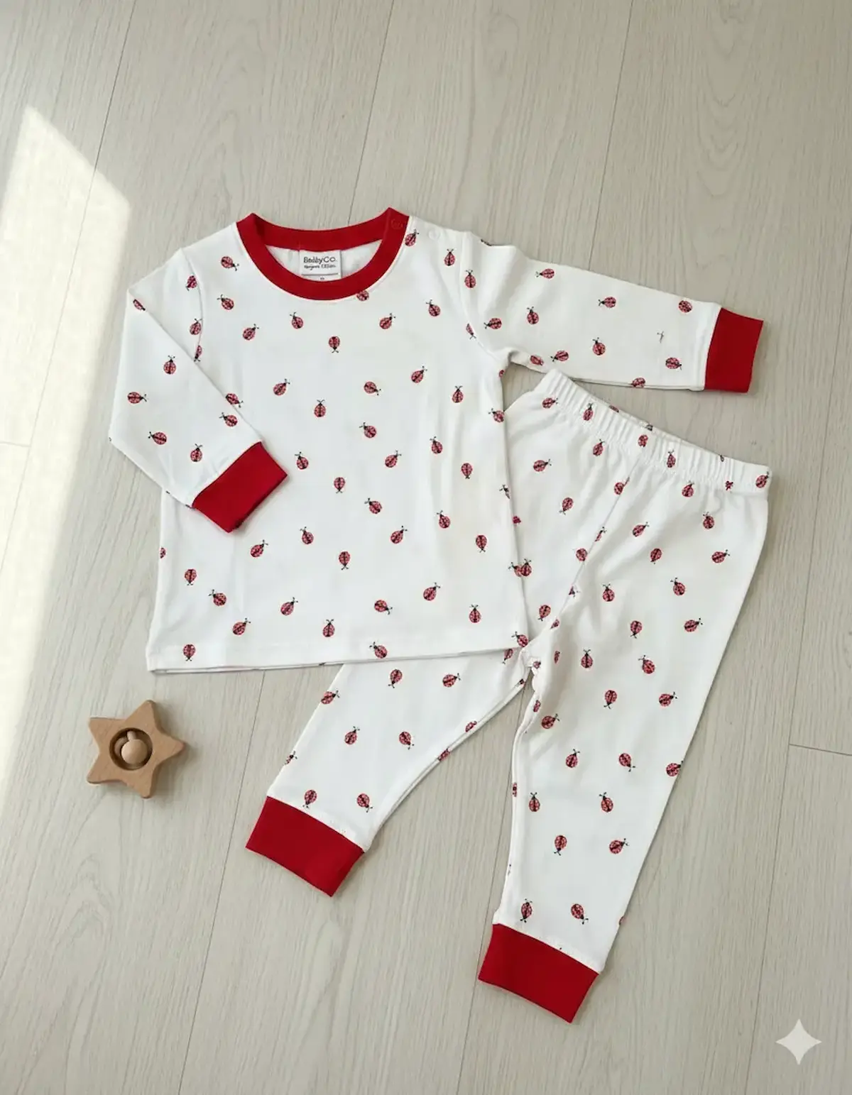 Weicher Baumwolljersey Stoff als Meterware in Weiß mit kleinen roten Marienkäfern, genäht als Baby-Schlafanzug mit roten Bündchen auf hellem Holzboden.