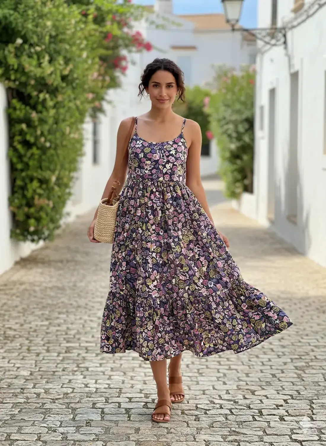 Leichter Baumwoll-Popeline-Stoff als Meterware in Lila mit gemusterten Blumenknospen. Gezeigt als sommerliches, luftiges Maxikleid in einer mediterranen Gasse.