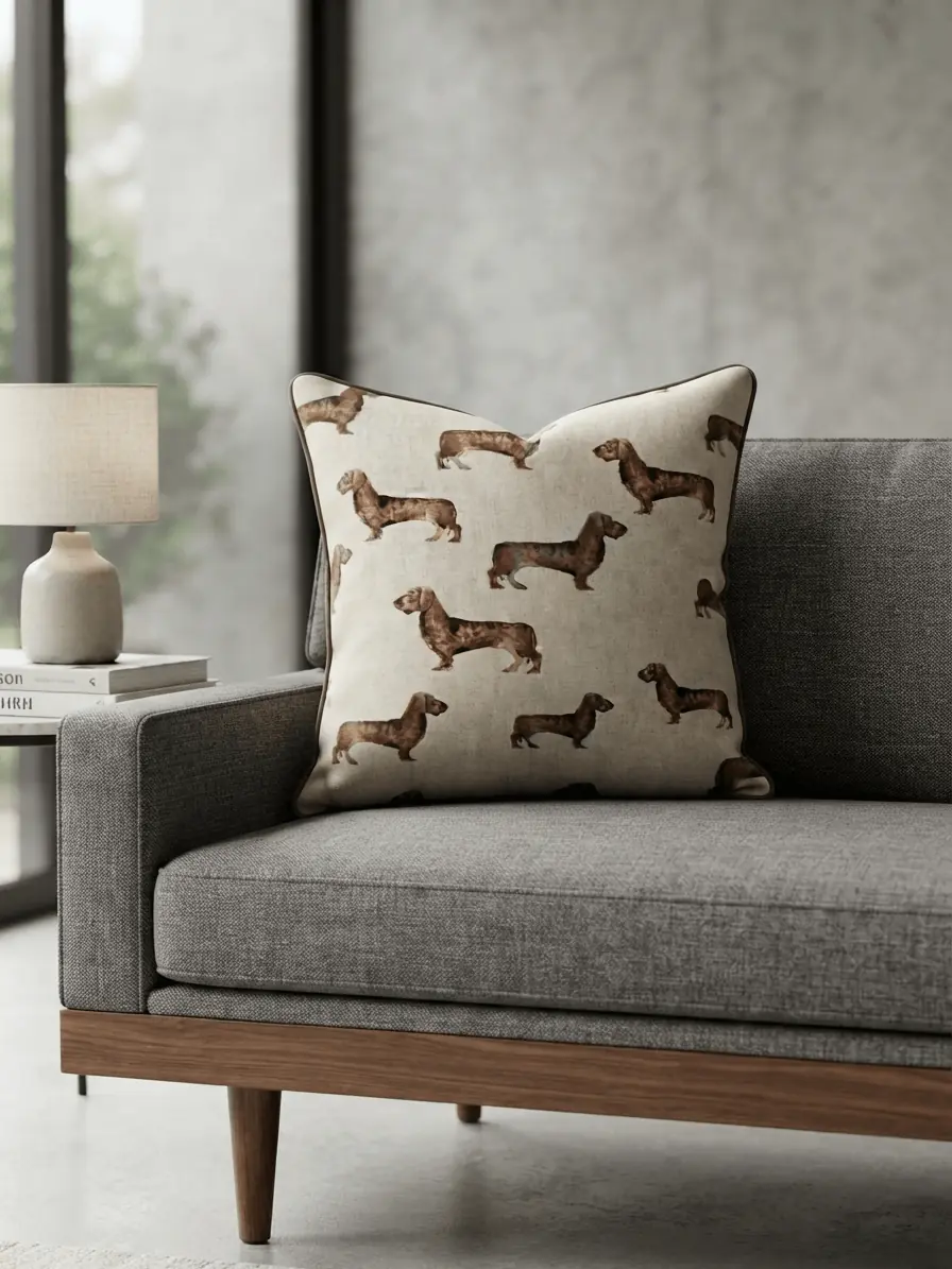 Dekokissen aus Deko-Stoff mit Dackel-Motiv auf einem modernen grauen Sofa als Anwendungsbeispiel für Heimtextilien.