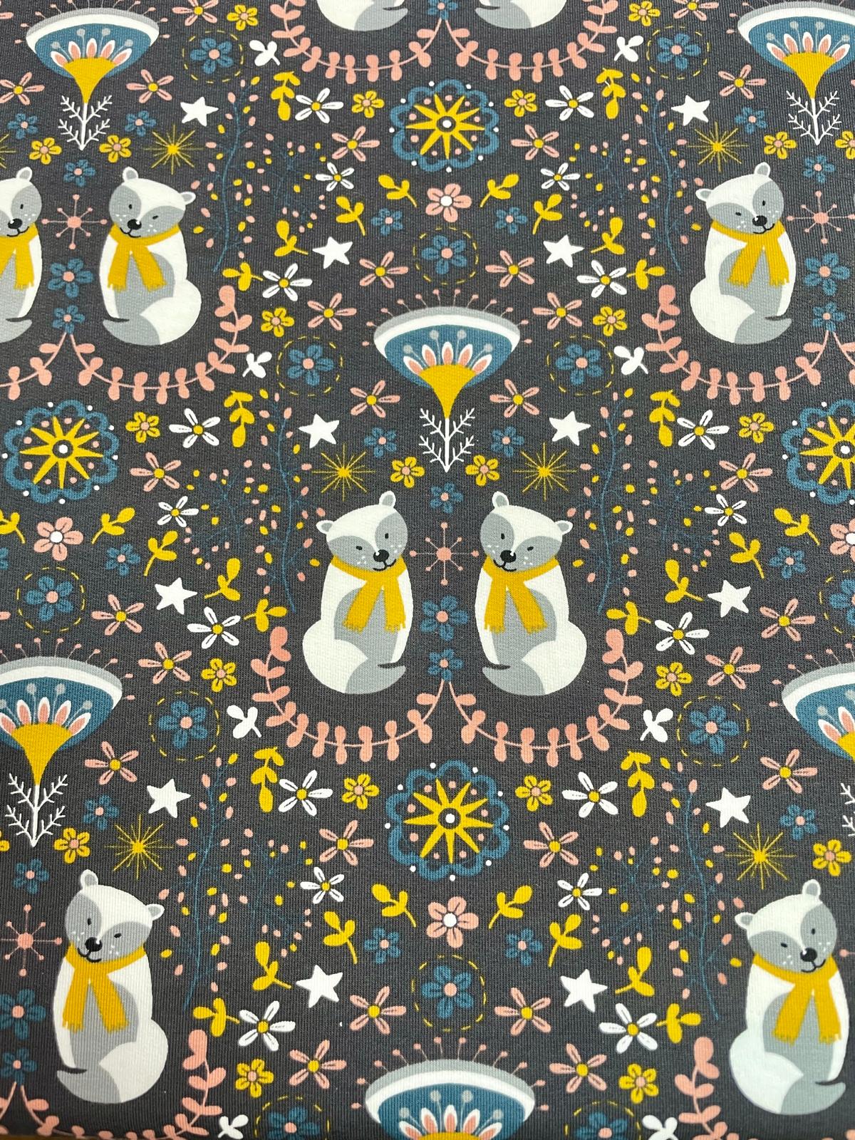 French Terry Stoff mit Bären senf / grau