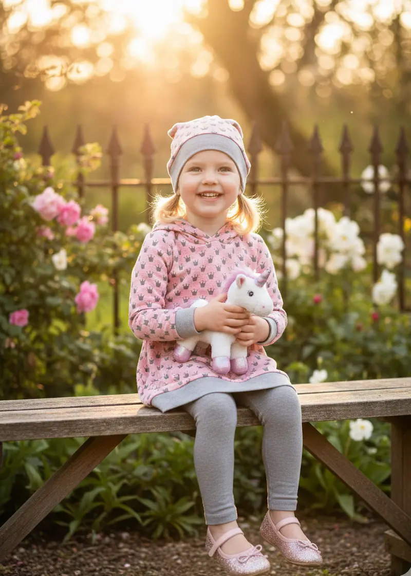 Lächelndes kleines Mädchen sitzt auf einer Gartenbank und trägt ein handgenähtes Set aus rosa Kronen-French-Terry (Hoodie und Mütze) sowie graue Leggings, während sie ein Einhorn-Kuscheltier hält.