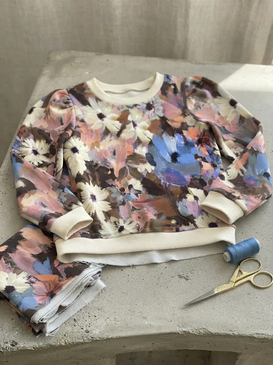 Selbstgenähtes Kinder-Oberteil bzw. Sweatshirt aus French Terry Meterware mit malerischem Blumen-Print, präsentiert neben Stoffresten, Nähgarn und Schere.