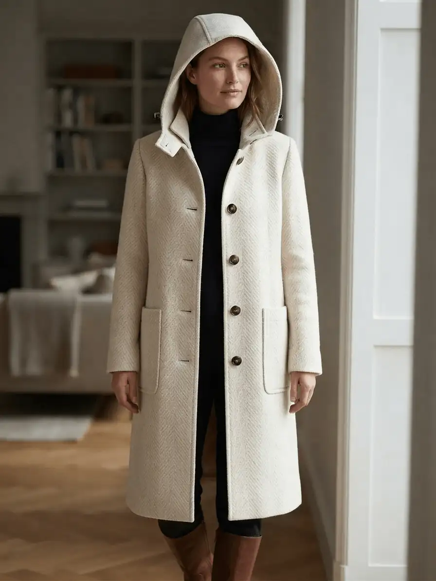 Detailaufnahme eines schweren, hochwertigen Wollstoffs als Meterware mit feiner Fischgrät-Struktur in Beige und Weiß