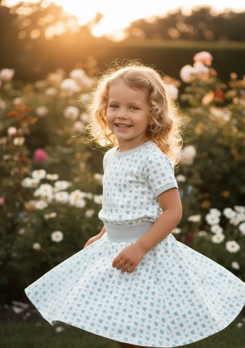 Tragebeispiel für French Terry Meterware: Ein lächelndes blondes Mädchen in einem selbstgenähten Drehkleid mit blauem Tulpen- und Herzchenmuster dreht sich in einem sommerlichen Rosengarten im Gegenlicht der Abendsonne.