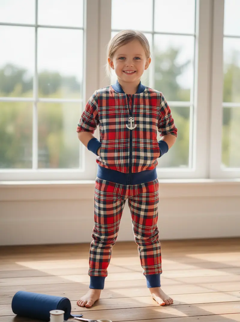 Kind trägt ein Set aus Sweatjacke und Hose aus kariertem French Terry Stoff in Rot und Blau mit maritimem Anker-Anhänger.