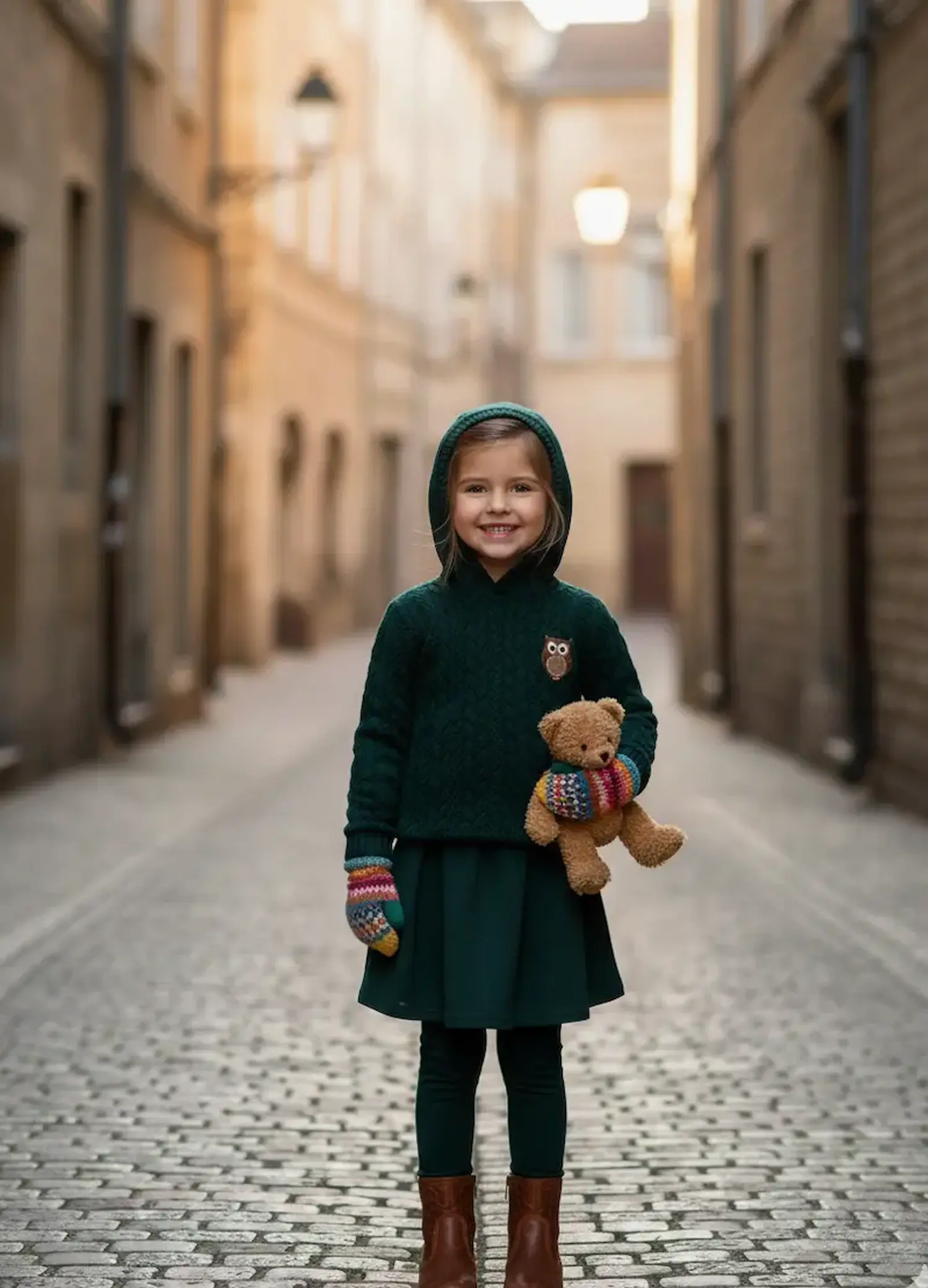 Ein lächelndes Kind auf einer gepflasterten Straße trägt ein selbstgenähtes Set aus einem dunkelgrünen Kapuzenpullover mit Zopfmuster und einem passenden Rock aus Jacquard-Strickstoff.