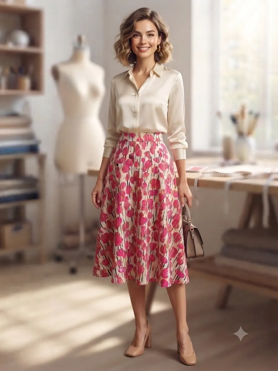 Modell trägt einen eleganten Rock aus fließender Viskose-Webware (Meterware) mit pinkfarbenem Blumenmuster in einem Nähstudio.