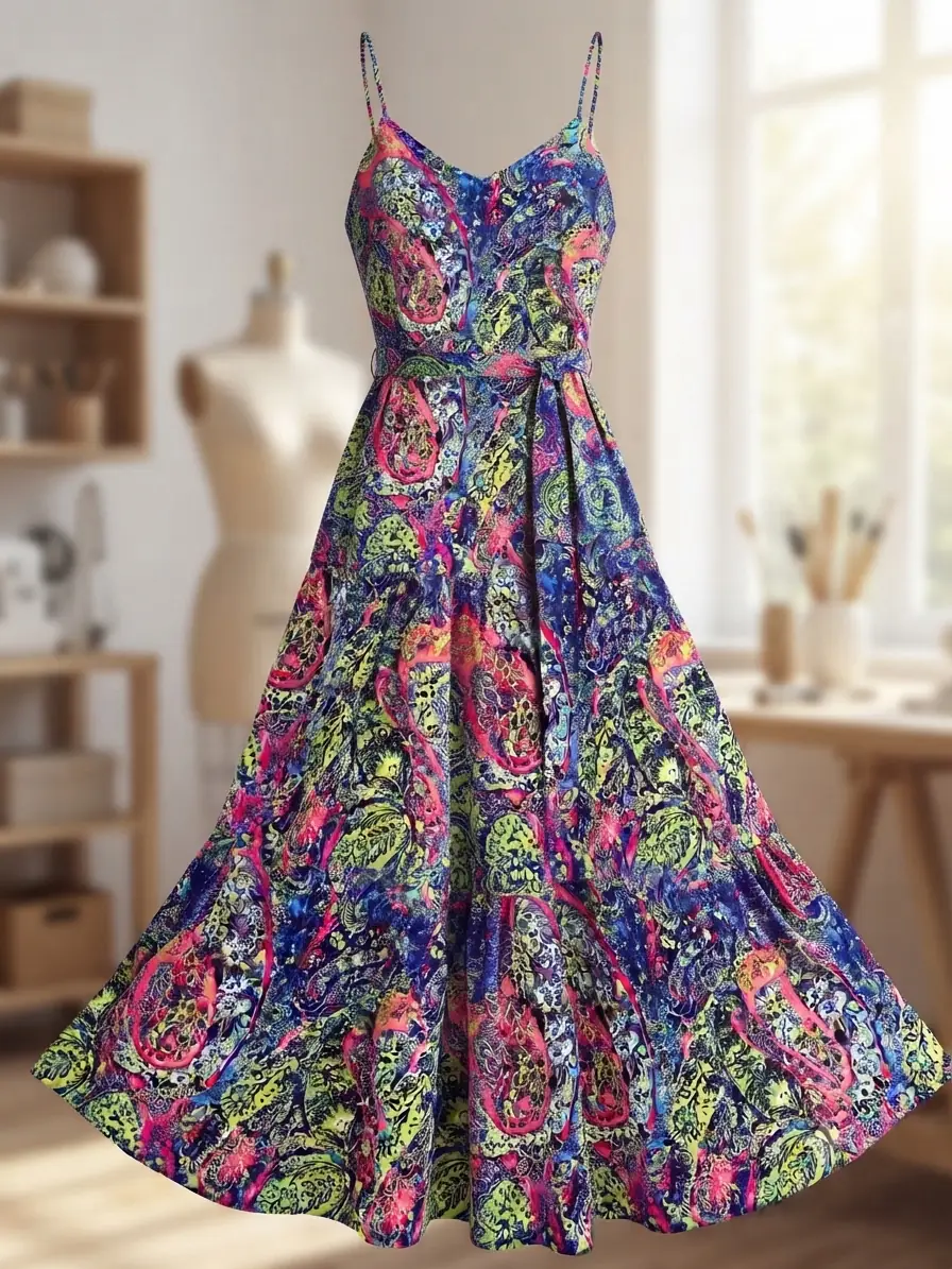 Hochwertiger Viskosestoff als Meterware mit lebendigem Paisley-Muster in Neon-Pink, Blau und Limettengrün.