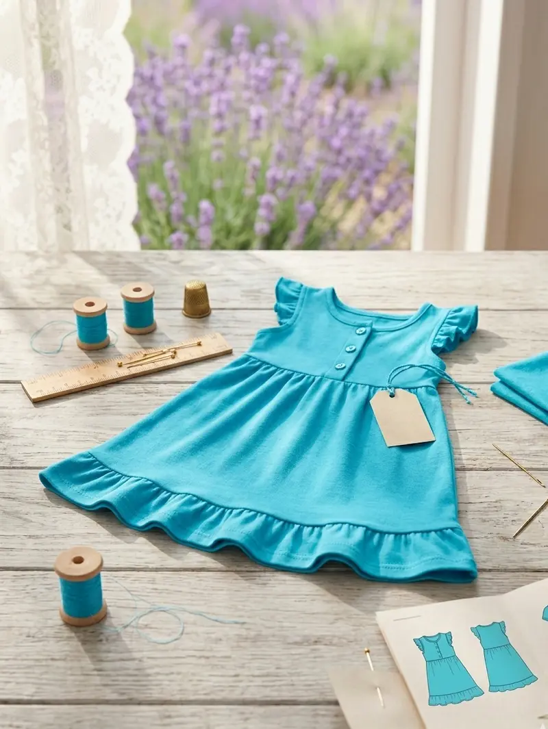 Ein türkisfarbenes Kinderkleid aus Baumwolljersey Uni auf einem Holztisch mit Garnrollen und Schnittmuster vor einem Lavendelhintergrund.
