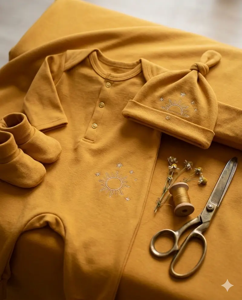 Hochwertiger Baumwolljersey in Senfgelb als Meterware, dekoriert mit einem genähten Baby-Strampler, Mütze, Schere und Garnrolle – Nähinspiration für Babykleidung.