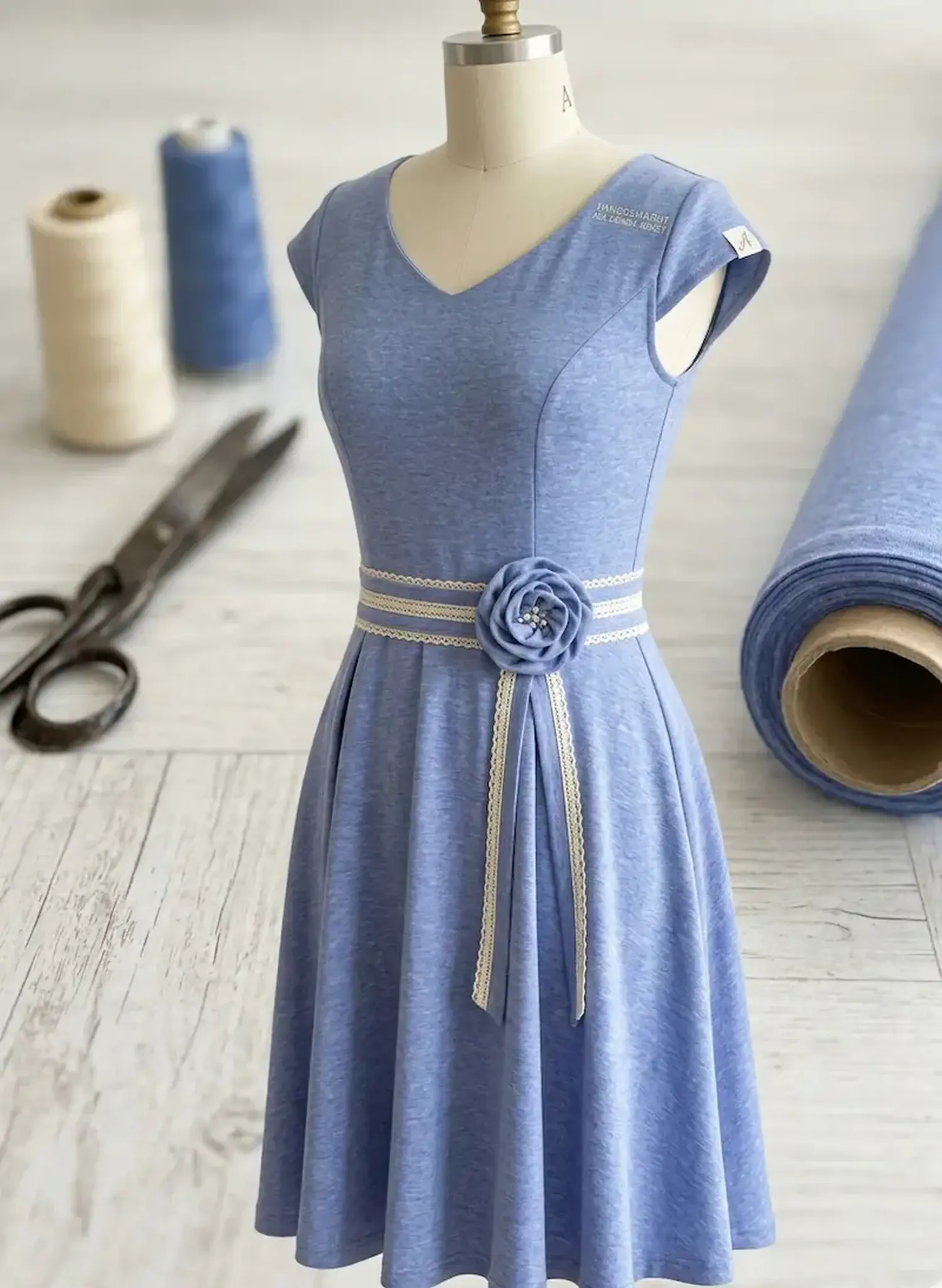 Mittelblauer Uni Jersey Stoff als Meterware, verarbeitet zu einem Sommerkleid auf einer Schneiderpuppe – Stoffpfau